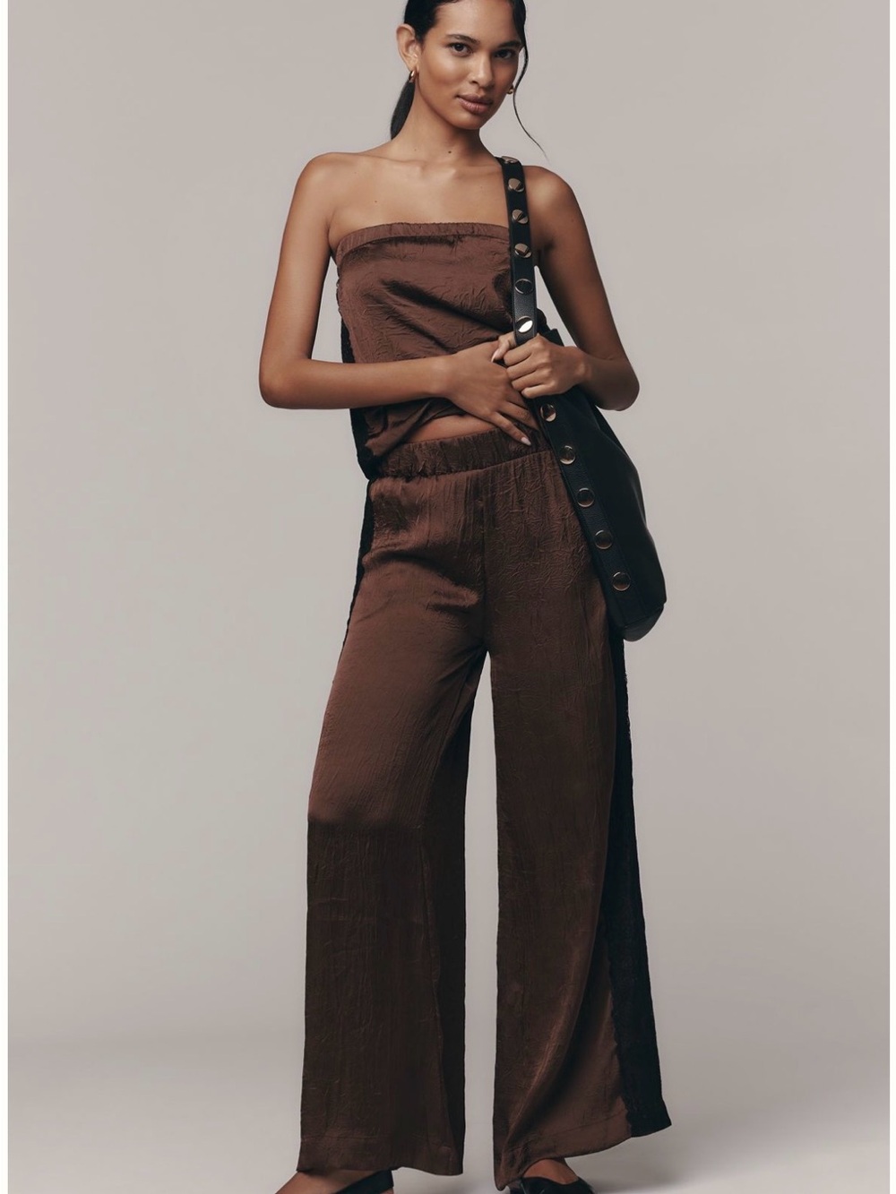 Anthropologie Satin Lace Pants in chocolate brown